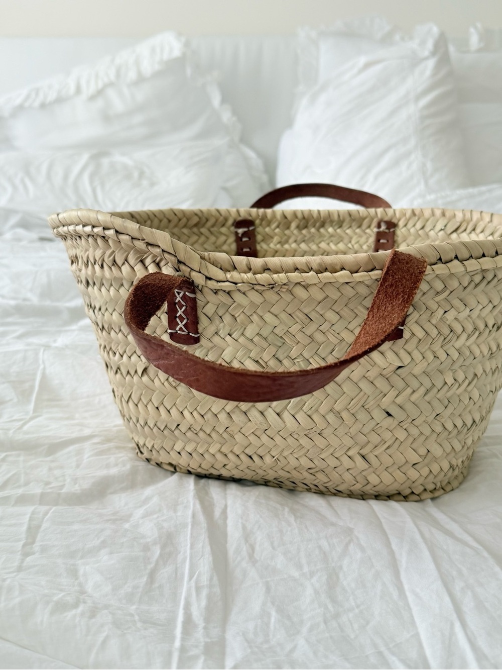 Woven Straw Tote with Brown Leather Handles